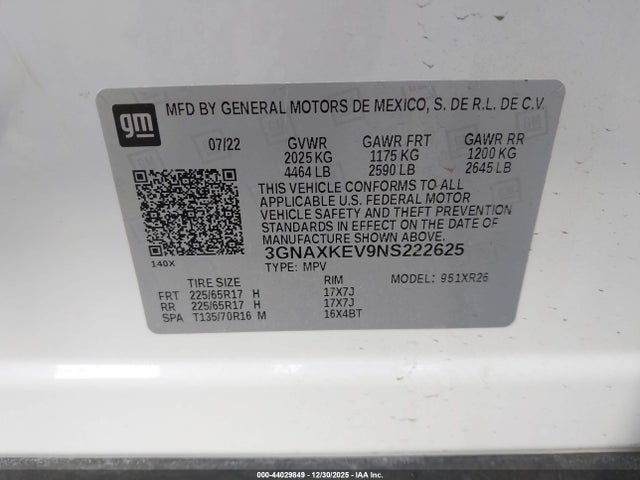 3GNAXKEV9NS222625 Chevrolet Equinox Fwd Lt