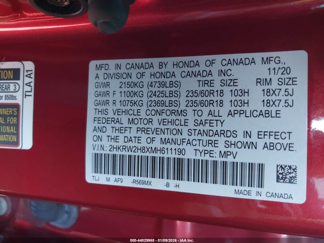 2021 Honda Cr-v Awd Ex-l მანქანა იყიდება აუქციონზე, vin: 2HKRW2H8XMH611190, აუქციონის ნომერი: 44029968