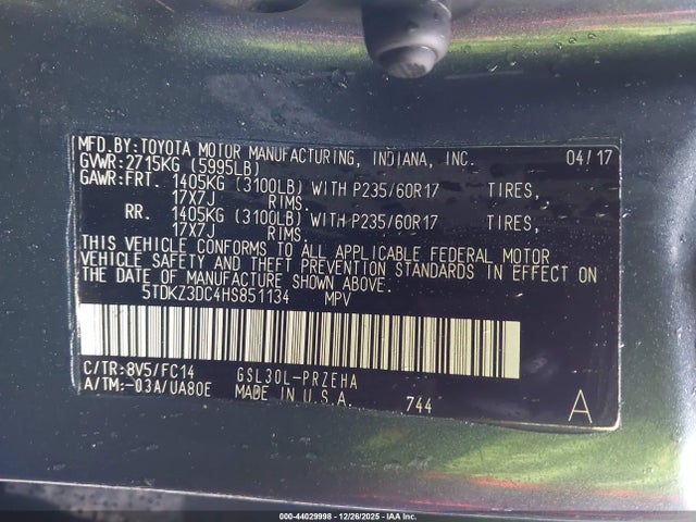 5TDKZ3DC4HS851134 Toyota Sienna Le 8 Passenger