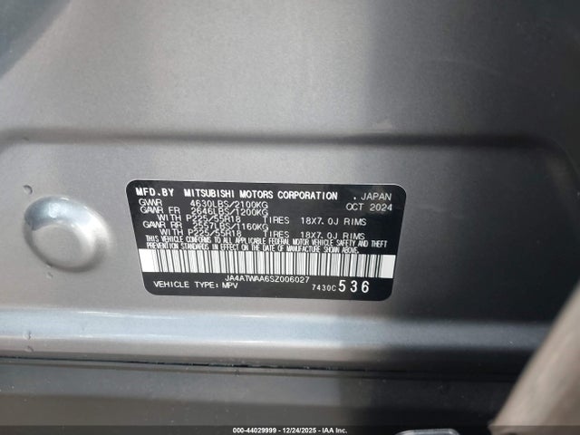 2025 Mitsubishi Eclipse Cross Sel მანქანა იყიდება აუქციონზე, vin: JA4ATWAA6SZ006027, აუქციონის ნომერი: 44029999