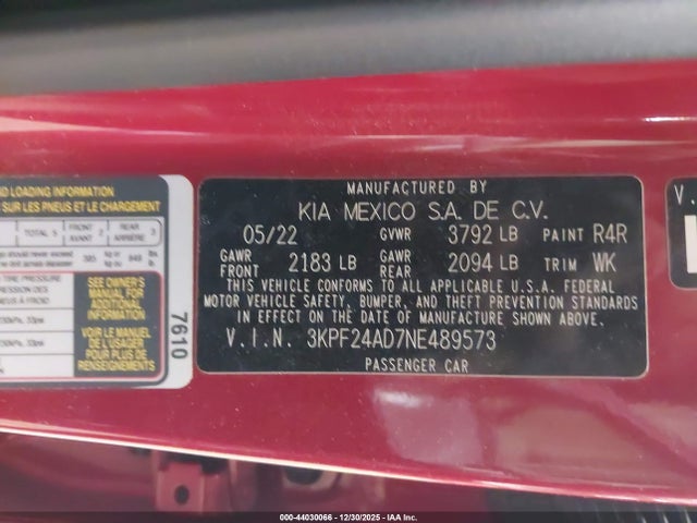 3KPF24AD7NE489573 KIA Forte Lxs
