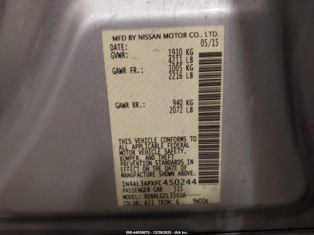1N4AL3APXFC450244 Nissan Altima 2.5/2.5 S/2.5 Sl/2.5 Sv