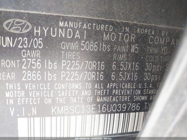 Продажа на аукционе авто 2006 Hyundai Santa Fe Gls/limited, vin: KM8SC13E16U039786, номер лота: 44030110