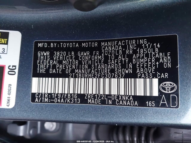 Toyota Corolla Le Plus 2015 2T1BURHE2FC307637 Image 9