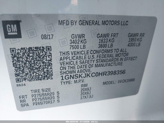 1GNSKJKC0HR398356 Chevrolet Suburban Premier