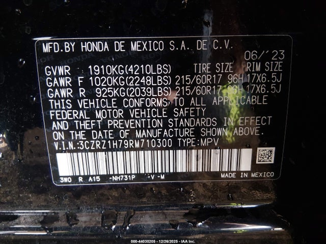 3CZRZ1H79RM710300 Honda Hr-v 2wd Ex-l/2wd Ex-l W/o Bsi
