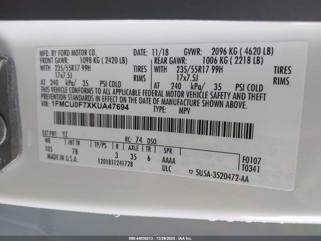 1FMCU0F7XKUA47694 Ford ESCAPE S