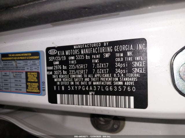 5XYPG4A37LG635760 KIA Sorento 2.4l Lx