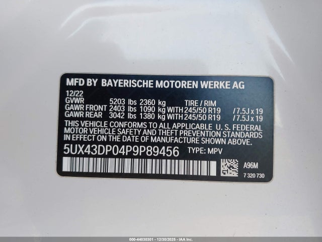 Aukcja sprzedaży 2023 Bmw X3 Sdrive30i, vin: 5UX43DP04P9P89456, numer aukcji: 44030301