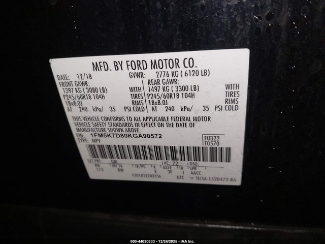 1FM5K7D80KGA90572 Ford EXPLORER XLT