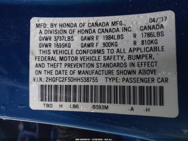 Honda Civic Lx 2017 2HGFC2F50HH538755 Image 9