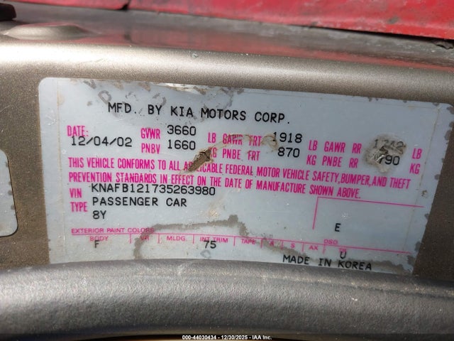 2003 KIA SPECTRA KNAFB121735263980 Photo 8