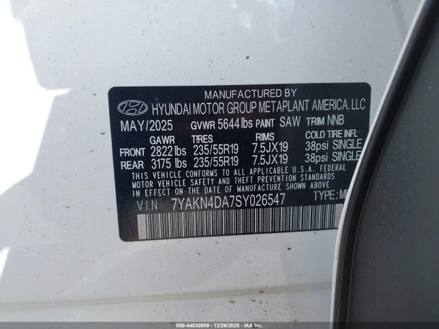 44030509 :رقم المزاد ، 7YAKN4DA7SY026547 vin ، 2025 Hyundai Ioniq 5 Sel مزاد بيع