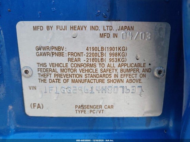 2004 SUBARU IMPREZA JF1GG29614H807637 Photo 8