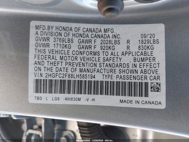2HGFC2F88LH585194 Honda Civic Sport