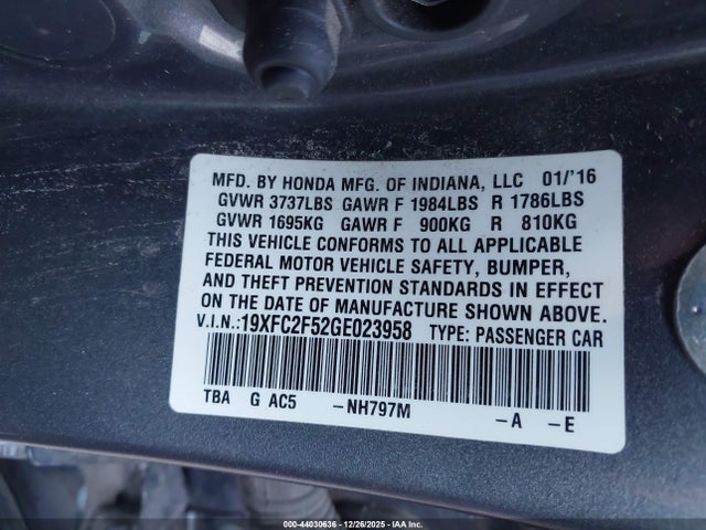 Honda Civic Lx 2016 19XFC2F52GE023958 Image 9