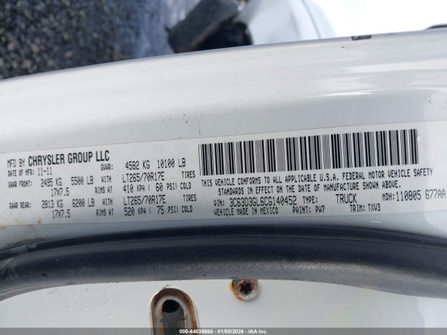 2012 Ram 3500 St მანქანა იყიდება აუქციონზე, vin: 3C63D3GL6CG140452, აუქციონის ნომერი: 44030668