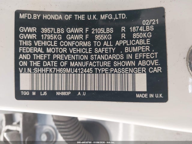 SHHFK7H69MU412445 Honda CIVIC EX