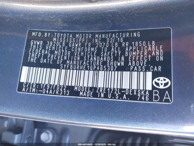 5YFBURHE1GP465307 Toyota Corolla S Plus