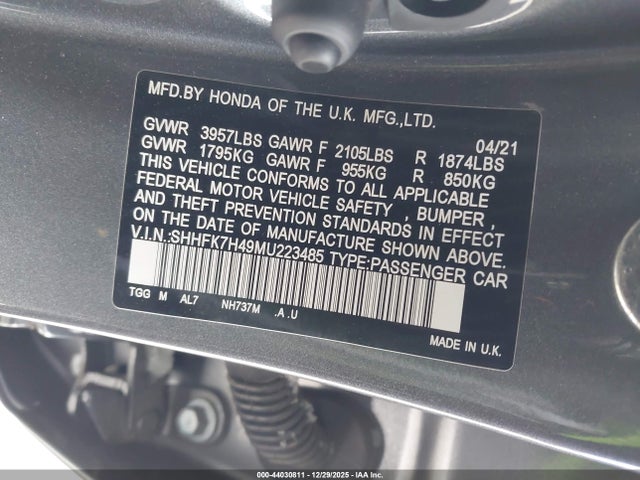 SHHFK7H49MU223485 Honda Civic Sport
