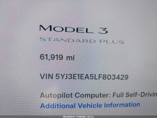 Aukcja sprzedaży 2020 Tesla Model 3 Standard Range Plus Rear-wheel Drive/standard Range Rear-wheel Drive, vin: 5YJ3E1EA5LF803429, numer aukcji: 44030819