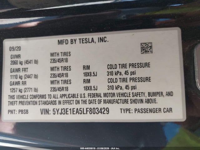 Aukcja sprzedaży 2020 Tesla Model 3 Standard Range Plus Rear-wheel Drive/standard Range Rear-wheel Drive, vin: 5YJ3E1EA5LF803429, numer aukcji: 44030819