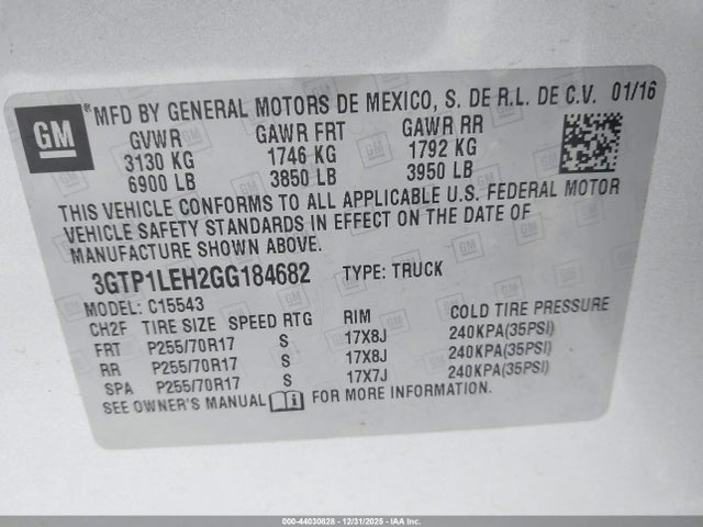 Aukcja sprzedaży 2016 Gmc Sierra 1500, vin: 3GTP1LEH2GG184682, numer aukcji: 44030828