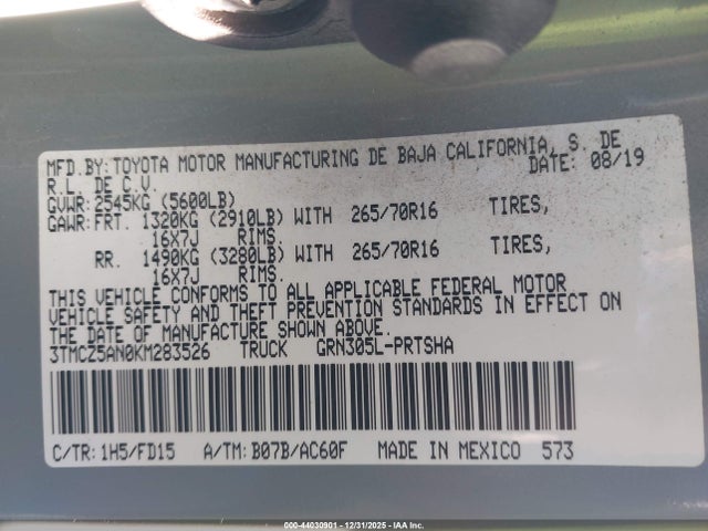 2019 Toyota Tacoma Trd Off Road მანქანა იყიდება აუქციონზე, vin: 3TMCZ5AN0KM283526, აუქციონის ნომერი: 44030901