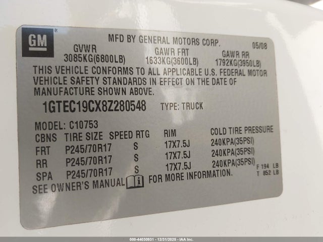 44030931 :رقم المزاد ، 1GTEC19CX8Z280548 vin ، 2008 Gmc Sierra 1500 Work Truck مزاد بيع