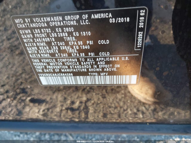 44031117 :رقم المزاد ، 1V2CR2CA6JC564298 vin ، 2018 Volkswagen Atlas 3.6l V6 Se مزاد بيع