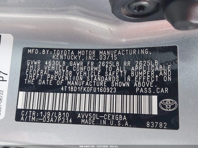 Aukcja sprzedaży 2015 Toyota Camry Hybrid Xle, vin: 4T1BD1FK0FU160923, numer aukcji: 44031150