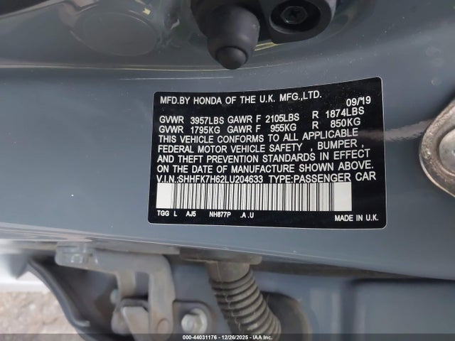 Honda CIVIC EX 2020 SHHFK7H62LU204633 Image 9