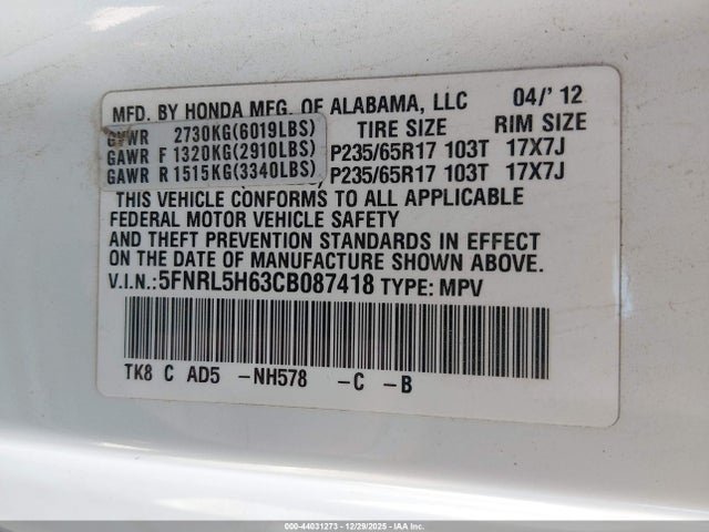 2012 HONDA ODYSSEY 5FNRL5H63CB087418 Photo 8