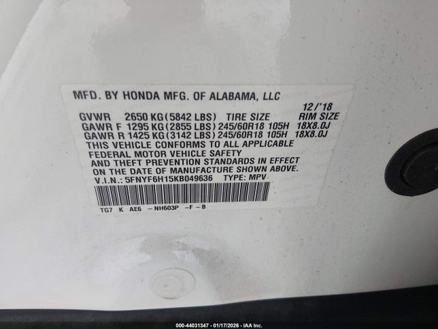 5FNYF6H15KB049636 Honda PILOT LX