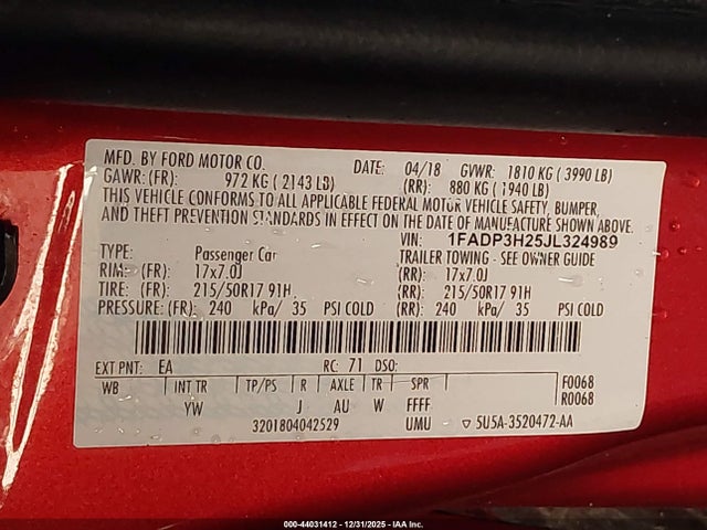 1FADP3H25JL324989 Ford FOCUS SEL