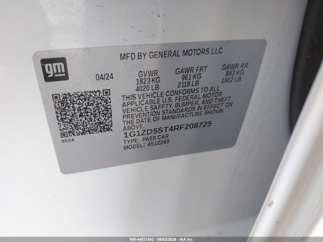 44031542 :رقم المزاد ، 1G1ZD5ST4RF208725 vin ، 2024 Chevrolet Malibu Fwd 1lt مزاد بيع