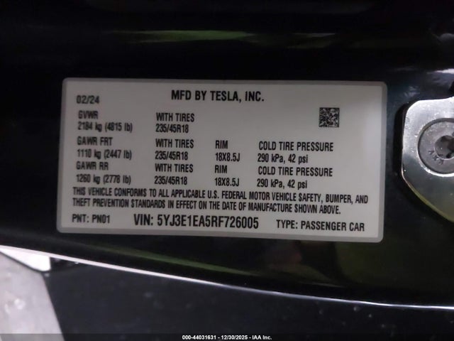 Продажа на аукционе авто 2024 Tesla Model 3 Long Range Dual Motor All-wheel Drive/rear-wheel Drive, vin: 5YJ3E1EA5RF726005, номер лота: 44031631