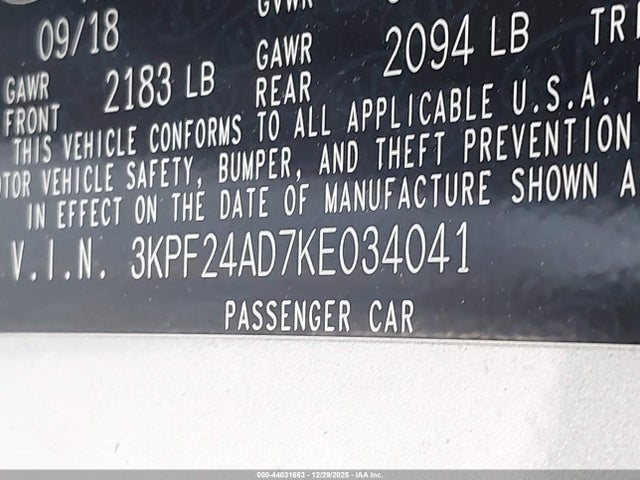 3KPF24AD7KE034041 KIA Forte Lxs