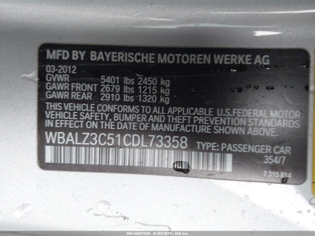 44031849 :رقم المزاد ، WBALZ3C51CDL73358 vin ، 2012 Bmw 650i مزاد بيع