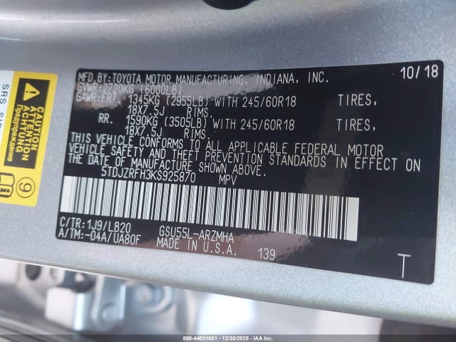 5TDJZRFH3KS925870 Toyota Highlander Xle