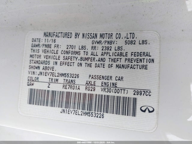 Aukcja sprzedaży 2017 Infiniti Q60 3.0t Premium, vin: JN1EV7EL2HM553226, numer aukcji: 44031868