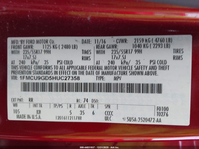 Ford ESCAPE SE 2017 1FMCU9GD5HUC27358 Image 9