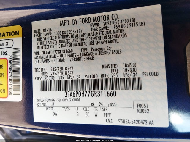 Ford FUSION SE 2016 3FA6P0H77GR311660 Image 9