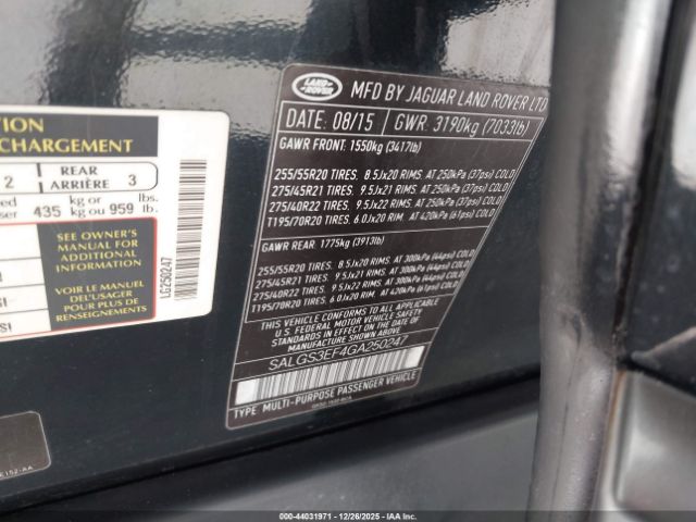 2016 LAND ROVER RANGE ROVER SALGS3EF4GA250247 Photo 8