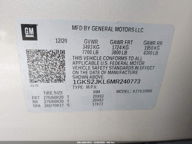 1GKS2JKL6MR240773 GMC Yukon Xl 4wd Denali