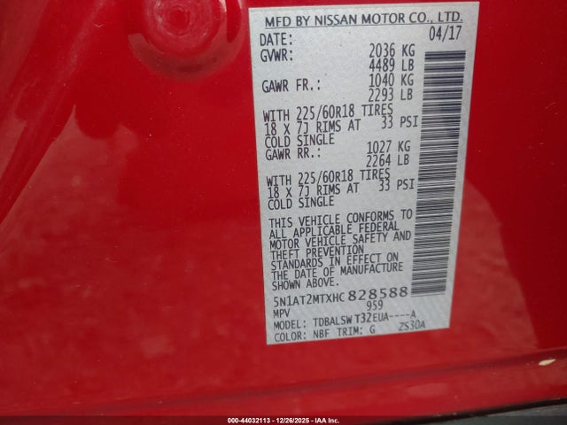 44032113 :رقم المزاد ، 5N1AT2MTXHC828588 vin ، 2017 Nissan Rogue Sl مزاد بيع