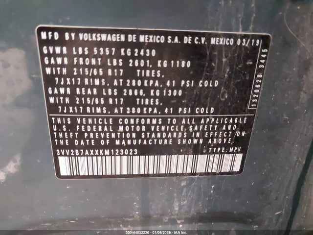 44032220 :رقم المزاد ، 3VV2B7AXXKM123023 vin ، 2019 Volkswagen Tiguan 2.0t Se/2.0t Sel/2.0t Sel R-line/2.0t Sel R-line Black مزاد بيع
