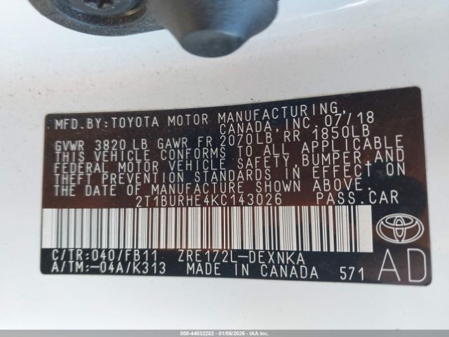 2019 TOYOTA COROLLA 2T1BURHE4KC143026 Photo 8