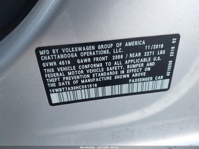 Продажа на аукционе авто 2017 Volkswagen Passat 1.8t Se, vin: 1VWBT7A30HC031516, номер лота: 44032263