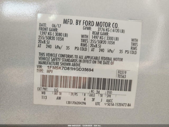 1FM5K7D81HGD35694 Ford EXPLORER XLT
